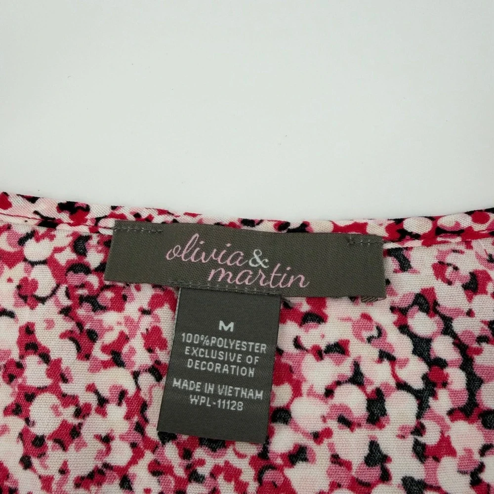 olivia & martin women's size medium pink white print cutout sleeve‎ blouse